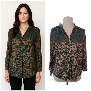 Women’s Long Sleeve Button Down Blouse – Teal & Bronze Floral Print